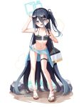  1girl absurdly_long_hair alternate_costume aris_(blue_archive) black_hair black_hairband blue_archive blue_eyes breasts bright_pupils full_body hair_between_eyes hairband halo long_hair mannack navel one_side_up ringed_eyes small_breasts solo stomach very_long_hair white_pupils 
