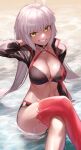  1girl ahoge bangs bikini black_bikini black_jacket breasts choker chorogon cleavage collarbone cropped_jacket crossed_legs fate/grand_order fate_(series) grey_hair grin highres jacket jeanne_d&#039;arc_alter_(fate) jeanne_d&#039;arc_alter_(swimsuit_berserker)_(fate) large_breasts long_hair long_sleeves looking_at_viewer navel o-ring o-ring_bikini red_thighhighs shore shrug_(clothing) single_thighhigh sitting smile solo swimsuit thigh_strap thighhighs thighs very_long_hair wet yellow_eyes 