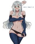  1girl absurdres ashe_(league_of_legends) bangs bare_shoulders black_panties blue_gloves blue_thighhighs blush breasts cookie3w3 cowboy_shot elbow_gloves fingerless_gloves gloves grey_hair groin highres large_breasts league_of_legends long_hair meme navel panties shiny shiny_hair simple_background solo spoken_blush thighhighs trembling twitter_strip_game_(meme) underwear undressing white_background 
