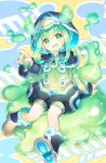  1girl :d boots commentary full_body green_eyes green_hair highres hood hood_up kito_(sorahate) long_sleeves looking_at_viewer monster_girl navel open_mouth original puffy_long_sleeves puffy_sleeves see-through sidelocks sitting slime_(substance) slime_girl smile solo 