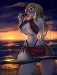 2022 anna_(sailoranna) anthro big_breasts blonde_hair blue_eyes breasts clothing cloud digital_media_(artwork) equid eyewear female general-irrelevant hair hi_res holding_eyewear holding_object holding_sunglasses mammal outside partially_submerged red_clothing red_swimwear sarong smile solo star sunglasses sunset swimwear water white_body 