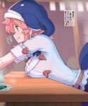  1girl apron blue_apron blue_headwear blue_shirt breast_rest breasts breasts_on_table green_eyes highres large_breasts okunoda_miyoi open_mouth pink_hair puuakachan shirt solo touhou translation_request whale_hat 