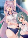  azur_lane breasts buruma flat_chest glowworm_(azur_lane) green_eyes green_hair grenville_(azur_lane) gym_uniform highres large_breasts long_hair navel one_eye_closed pink_hair red_eyes side_ponytail tonchinkan very_long_hair 