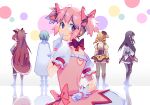  5girls absurdres akemi_homura black_hair blonde_hair blue_hair blush bow cape drill_hair gloves hair_ornament hair_ribbon hairband highres kaname_madoka long_hair magical_girl mahou_shoujo_madoka_magica miki_sayaka multiple_girls pantyhose pink_eyes pink_hair ponytail red_hair ribbon sakura_kyouko short_hair short_twintails skirt smile thighhighs tomoe_mami twin_drills twintails yooki_(winter_cakes) 