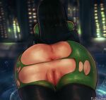  1girl absurdres anus artist_name ass ass_focus asui_tsuyu black_bodysuit black_hair black_thighhighs bodysuit boku_no_hero_academia building fluffydango green_bodysuit green_hair highres long_hair night outdoors pussy rain shiny shiny_hair solo thighhighs torn_bodysuit torn_clothes water 