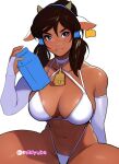  1girl abs animal_ears artist_name avatar_(series) bangs bare_shoulders bikini blush breasts brown_hair collarbone cow_ears cow_horns detached_sleeves ear_tag frown groin hand_up holding holding_carton horns korra large_breasts long_hair mikiyuba navel ponytail solo swimsuit the_legend_of_korra white_bikini white_sleeves 