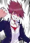  1boy bangs blue_jacket clenched_hand clenched_teeth collarbone danganronpa_(series) danganronpa_v3:_killing_harmony fangs grin hand_up highres jacket long_sleeves male_focus medium_hair momota_kaito open_clothes open_jacket pink_eyes pink_hair red_shirt shirt smile solo spiked_hair teeth ttegi_(ddeck_dg) upper_body white_background white_shirt 