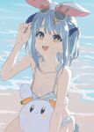  1girl absurdres bangs beach bikini blue_hair blue_ribbon blush breasts bunny-shaped_pupils cleavage commentary_request eyewear_on_head hair_ornament hair_ribbon hand_up hasu highres hololive long_hair looking_at_viewer open_mouth orange_eyes outdoors parted_lips ribbon shadow smile solo swimsuit symbol-shaped_pupils teeth upper_teeth usada_pekora virtual_youtuber water white_bikini 
