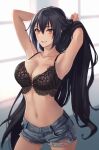  1girl alternate_costume armpits arms_up bangs black_bracelet black_hair blurry blurry_background breasts brown_eyes cleavage collarbone contrapposto denim denim_shorts hair_between_eyes hands_in_hair highres kantai_collection kasumi_(skchkko) large_breasts long_bangs long_hair looking_at_viewer nagato_(kancolle) navel parted_lips shorts smile solo 