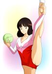  1girl :d artist_name asakura_minami ball breasts brown_eyes brown_hair covered_navel gradient gradient_background gymnastics highres holding holding_ball leotard moemaru_miyako retro_artstyle rhythmic_gymnastics simple_background small_breasts smile solo split standing standing_on_one_leg standing_split touch_(manga) 