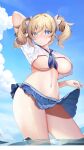  1girl :/ absurdres arm_up arms_behind_head bangs barbara_(genshin_impact) blonde_hair blue_eyes blue_neckerchief blue_sailor_collar blue_skirt blue_sky blush breasts closed_mouth clothes_lift commentary_request contrapposto crop_top day drill_hair from_below genshin_impact highres large_breasts lifted_by_self long_hair looking_at_viewer miniskirt navel neckerchief niduannowu outdoors partially_underwater_shot pleated_skirt sailor_collar school_uniform serafuku shirt short_sleeves sidelocks skirt skirt_hold skirt_lift sky solo stomach swimsuit thick_thighs thighs twin_drills underboob wading water white_shirt 
