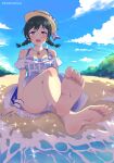 1girl :d absurdres angel_gabriel. bare_shoulders barefoot beach black_hair blue_dress blue_nails braid cameltoe day dress fang feet foot_focus hair_ornament hairclip hat highres jewelry looking_at_viewer love_live! love_live!_nijigasaki_high_school_idol_club mifune_shioriko necklace open_mouth outdoors pearl_necklace red_eyes scrunchie shore short_hair sky smile soles solo twin_braids water white_scrunchie wrist_scrunchie 