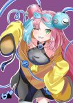  1girl 53872 absurdres alternate_costume cosplay grey_pantyhose highres iono_(pokemon) iono_(pokemon)_(cosplay) jacket komeiji_koishi long_hair low-tied_long_hair multicolored_hair oversized_clothes pantyhose pokemon pokemon_(game) pokemon_sv sharp_teeth sleeves_past_wrists solo split-color_hair teeth touhou very_long_sleeves yellow_jacket 
