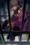  1boy belt black_hair character_name echo_(circa) full_body looking_at_viewer male_focus ponytail prison_cell raven_(tales) smile solo tales_of_(series) tales_of_vesperia 