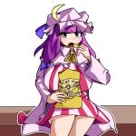  1girl blue_bow bow chips_(food) crescent crescent_hat_ornament eating food hat hat_ornament highres long_hair long_sleeves mob_cap neck_ribbon patchouli_knowledge plump purple_eyes purple_hair red_bow ribbon robe rumielle simple_background sitting touhou very_long_hair 
