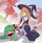  2girls apron bangs bare_shoulders bdsm black_dress blonde_hair blue_skirt bondage bound bow cleave_gag cloth_gag defeat detached_sleeves dress frog_hair_ornament gag gagged green_eyes green_hair hair_ornament hat hat_bow highres improvised_gag japanese_clothes kirisame_marisa kochiya_sanae laughing leaf long_hair maple_leaf multiple_girls nontraditional_miko orange_eyes over_the_nose_gag puffy_short_sleeves puffy_sleeves raftetram red_rope rope shibari shibari_over_clothes short_sleeves skirt snake_hair_ornament tears touhou tree witch witch_hat yuri 