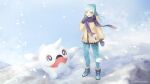  1boy absurdres blue_footwear boots cetoddle commentary floating_scarf full_body green_eyes green_hair green_pants grusha_(pokemon) hair_bun hand_up highres long_hair long_sleeves male_focus mittens outdoors pants pokemon pokemon_(creature) pokemon_(game) pokemon_sv scarf smile snowing standing yoruneiges 