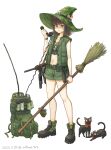  1girl ace_of_spades backpack bag boots broom brown_eyes brown_hair camouflage cat cigarette_pack combat_boots combat_knife dated dog_tags explosive green_headwear green_jacket green_shirt green_shorts grenade gun highres holding holding_broom jacket jewelry jungle_style knife m18_grenade m26_(frag_grenade) m3_submachine_gun midriff mifune_(_mifune_707) military military_uniform necklace original product_placement radio shirt shorts smile smoke_grenade solo spade_(shape) submachine_gun twitter_username uniform vietnam_war weapon white_background witch 