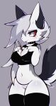  2022 anthro belly black_clothing blep breasts canid canine canis clothed clothing collar crop_top digital_media_(artwork) ear_piercing female hair helluva_boss hi_res koivyx legwear loona_(helluva_boss) mammal medium_breasts no_underwear piercing shirt solo squish tail_motion tailwag thick_thighs thigh_highs tongue tongue_out topwear wolf 