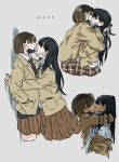  2girls against_wall black_hair blazer brown_hair english_text highres hug jacket kiss long_hair m_k mask miniskirt mouth_mask multiple_girls multiple_views original plaid plaid_skirt school_uniform short_hair simple_background sketch skirt yuri 