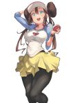  1girl :d absurdres arm_up bangs black_pantyhose blue_eyes bow breasts brown_hair double_bun doughnut_hair_bun eyelashes hair_bun hand_up highres holding holding_poke_ball iparupua legwear_under_shorts open_mouth pantyhose pink_bow poke_ball poke_ball_(basic) pokemon pokemon_(game) pokemon_bw2 raglan_sleeves rosa_(pokemon) shorts simple_background smile solo teeth tongue twintails upper_teeth visor_cap white_background yellow_shorts 