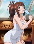  1girl bachou_mouki bangs bare_arms bare_shoulders basket blunt_bangs breasts brown_eyes brown_hair cleavage collarbone food hand_on_lap ikkitousen indoors large_breasts long_hair naked_towel open_mouth ponytail popsicle shiny shiny_hair sidelocks solo tongue tongue_out towel 