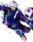  1boy ball bangs blue_lock brown_eyes commentary_request epaya_hakase green_eyes hair_between_eyes heterochromia highres male_focus nagi_seishirou parted_lips shoes short_hair simple_background soccer soccer_ball soccer_uniform solo sportswear white_background white_hair 