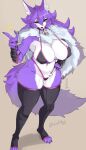  anthro big_breasts bikini breasts canid canine clothing female fur hair hi_res mammal multicolored_body multicolored_fur pubes purple_body purple_fur purple_hair skulkers solo swimwear two_tone_body two_tone_fur white_body white_fur 