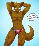  2022 abs abstract_background anthro athletic athletic_anthro athletic_male blush brown_body brown_fur brown_hair bulge canid canine canis clothed clothing dialogue digital_drawing_(artwork) digital_media_(artwork) domestic_dog english_text fluffy fluffy_tail fur hair hands_behind_head hi_res male mammal muscular muscular_anthro muscular_male muscular_thighs nick_grant_(footfoxxy) orange_eyes pecs simple_background skimpy solo speedo speedo_only sssonic2 standing stars_and_stripes swimwear text united_states_of_america 