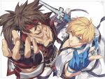  2boys bangs black_gloves blonde_hair blue_eyes blue_gloves brown_hair character_name copyright_name fingerless_gloves gloves guilty_gear guilty_gear_strive headband ky_kiske large_pectorals long_hair male_focus multiple_boys muscular muscular_male open_mouth pectorals red_eyes red_headband short_hair simple_background smile sol_badguy talgi white_background 