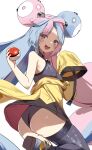  1girl :d ass bangs black_leotard black_thighhighs blue_hair blush breasts hair_ornament highres holding holding_poke_ball iono_(pokemon) leotard leotard_under_clothes long_hair long_sleeves multicolored_hair orobou pink_eyes pink_hair poke_ball pokemon pokemon_(game) pokemon_sv sharp_teeth simple_background sleeves_past_wrists small_breasts smile solo standing standing_on_one_leg teeth thighhighs two-tone_hair very_long_hair white_background wide_sleeves 