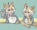  2girls animal_ears black_jacket blonde_hair choker coyopotato coyote_(kemono_friends) elbow_gloves extra_ears gloves greater_roadrunner_(kemono_friends) hair_between_eyes hand_on_own_chin jacket kemono_friends kemono_friends_v_project microphone multicolored_hair multiple_girls official_alternate_costume shirt short_hair spaghetti_strap toki_reatle virtual_youtuber white_choker white_hair white_shirt wolf_ears wolf_girl yellow_eyes yellow_gloves 