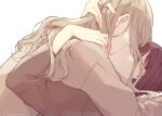  2girls blonde_hair brown_hair from_side hair_over_eyes hand_in_another&#039;s_hair hand_on_another&#039;s_shoulder hazuki_natsu kiss long_hair lying lying_on_person multiple_girls nail_polish on_back original short_hair upper_body white_background yuri 