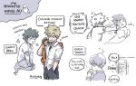  3boys alternate_universe anger_vein artist_name bakugou_katsuki blank_eyes blonde_hair boku_no_hero_academia closed_eyes collared_shirt commentary commentary_request cup door english_commentary english_text ghost green_hair grey_pants hand_in_pocket holding holding_cup holding_strap looking_at_another male_focus midoriya_izuku minibuddy multiple_boys open_mouth orange_bag pants punching shirt short_hair short_sleeves shouting simple_background slamming_door smile speech_bubble spiked_hair standing thai_commentary todoroki_shouto white_background white_shirt 