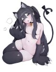  1girl animal_ears animal_hands arm_support bikini black_bikini black_eyes black_gloves black_hair black_thighhighs breasts cat_ears cat_girl cat_tail full_body gloves hair_over_breasts hair_over_one_breast highres long_hair navel open_mouth original paw_gloves rabbit_(wlsdnjs950) simple_background sitting small_breasts stomach swimsuit tail thick_thighs thighhighs thighs white_background 