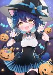  1girl :3 :d animal_ears aqua_bow backlighting bangs bat_hair_ornament black_choker black_headwear black_tail blue_bow blue_bowtie blue_hair blue_nails blush bow bowtie bucket candy candy_cane cat_ears cat_girl cat_tail choker claw_pose cleavage_cutout clothing_cutout commentary_request cowboy_shot dress dress_bow extra_ears fangs food frilled_bracelet frilled_choker frilled_sleeves frills glowing hair_between_eyes hair_bow hair_ornament halloween halloween_bucket hands_up hat hat_bow hat_ornament hat_ribbon heart heart_lollipop holding holding_bucket jack-o&#039;-lantern lollipop medium_hair moon multicolored_bow multiple_hair_bows nail_polish nanase_(ribonshitoron) night night_sky open_mouth original pleated_skirt pumpkin purple_background purple_bow purple_sky raised_eyebrows ribbon see-through shaped_lollipop short_sleeves signature skirt sky smile solo standing star_(sky) star_(symbol) star_hat_ornament starry_sky striped striped_bow striped_dress tail thighhighs witch_hat wrapped_candy yellow_bow yellow_eyes 