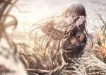  1girl absurdres autumn bangs black_shirt blurry blurry_background blush brown_eyes brown_hair closed_mouth cloud dress field grass hands_in_hair hands_up highres lace long_hair long_sleeves original outdoors sakura_(39ra) shirt sky solo standing sunlight sunset susuki_grass 