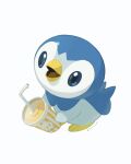  blue_eyes character_print commentary cup disposable_cup drinking_straw full_body happy highres holding holding_cup looking_up mokuzou_(moku_ssbu) open_mouth piplup pokemon simple_background symbol-only_commentary tongue twitter_username white_background 