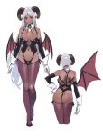  1girl ass bare_shoulders breasts contrapposto curled_horns dark_skin demon_wings elbow_gloves full_body gloves hand_on_hip highres horns kinta_(distortion) long_hair looking_at_viewer navel original pointy_ears purple_eyes shoulder_blades solo thighhighs walking wings 
