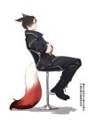  1boy animal_ear_fluff animal_ears bangs bar_stool black_footwear black_hair black_pants boots chair desire_driver desire_grand_prix_uniform doran_(doran7280) driver_(kamen_rider) fox_boy fox_ears fox_tail highres jacket kamen_rider kamen_rider_geats_(series) male_focus multicolored_hair pants rider_belt short_hair simple_background sitting stool tail thighs tokusatsu translation_request ukiyo_ace uniform white_background 