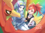  2girls :d arm_support belt black_shirt blurry brown_eyes closed_mouth eyelashes flannery_(pokemon) gloves green_pants helmet highres ho-oh holding_hands long_hair long_sleeves multiple_girls open_mouth pants pilot_suit pokemon pokemon_(creature) pokemon_(game) pokemon_oras ponytail purple_eyes purple_hair red_bandeau red_hair riding riding_pokemon seatail shirt signature sitting sleeveless sleeveless_shirt smile tied_shirt tongue white_belt white_pants winona_(pokemon) 