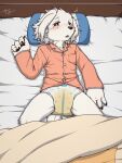  anthro bed bed_wetting bodily_fluids canid canine canis clothing diaper domestic_dog fur furniture genital_fluids hi_res kemono male mammal solo topwear tsuchi_dash urine wet_diaper wetness_indicator wetting white_body white_fur 