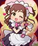  1girl akiba_maid_sensou animal_ears apron bangs black_dress bow brown_hair chibi dress fake_animal_ears heart heart_hands kowakawa_kaeru long_hair maid maid_apron maid_headdress one_eye_closed open_mouth pig_ears pink_bow short_sleeves smile solo standing two_side_up wahira_nagomi wrist_cuffs 