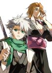  1boy 1girl absurdres bangs black_kimono bleach blonde_hair blue_eyes breasts chain_necklace cleavage cowboy_shot furrowed_brow green_eyes green_scarf grey_hair hair_between_eyes hand_to_own_face highres hitsugaya_toushirou japanese_clothes jewelry katana kimono large_breasts looking_at_viewer looking_to_the_side matsumoto_rangiku necklace parted_bangs parted_lips scarf short_hair spiked_hair standing sword weapon weapon_on_back white_background xi_luo_an_ya 