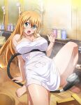  1girl antenna_hair arm_support bangs bare_arms bare_legs barefoot bathroom blonde_hair breasts collarbone fang green_eyes hair_between_eyes ikkitousen indoors large_breasts leaning_back long_hair naked_towel open_mouth shiny shiny_hair solo sonsaku_hakufu straight_hair towel very_long_hair wet_towel 