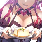  1girl :d absurdres bare_shoulders bingsardina breasts cleavage earrings food head_out_of_frame highres holding holding_tray hololive hololive_english irys_(hololive) jewelry long_hair pointy_ears pudding purple_hair red_hair simple_background smile solo tray virtual_youtuber white_background 