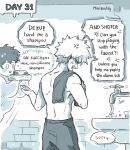  2boys alternate_universe anger_vein annoyed artist_name bakugou_katsuki bathroom boku_no_hero_academia commentary english_commentary english_text faucet freckles from_behind ghost greyscale highres holding indoors male_focus midoriya_izuku minibuddy monochrome multiple_boys open_mouth shampoo_bottle short_hair sink speech_bubble spiked_hair standing topless_male towel_on_one_shoulder water 
