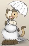  anthro belly big_belly big_breasts biped breasts brown_body clothed clothing domestic_cat eyes_closed fangs felid feline felis female foxball fur gatto_(kitty_pride) hair hi_res holding_object kitty_pride mammal pose simple_background smile solo standing tan_hair teeth umbrella video_games 