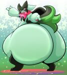  2022 3_fingers anthro big_butt blush butt digitigrade evolution_(transformation) evolved fingers fur generation_9_pokemon green_body green_fur hi_res huge_butt hyper hyper_butt meowscarada nintendo open_mouth pokemon pokemon_(species) spoiler transformation video_games weighty-kyte 