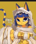  2022 :&lt; animal_crossing ankha_(animal_crossing) anthro armlet armwear big_breasts blue_hair breasts bridal_gauntlets bugita circle cleavage clothed clothing cosplay dark_souls domestic_cat elbow_gloves felid feline felis female fromsoftware fur gloves gwynevere hair handwear hood jewelry looking_at_viewer lying mammal markings navel necklace nintendo nipple_outline on_side short_hair simple_background solo striped_markings striped_tail stripes tail_markings thigh_gap video_games wide_hips yellow_background yellow_body yellow_fur 